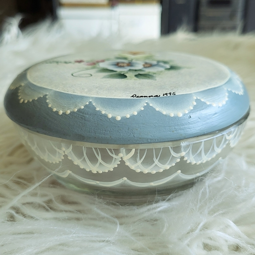 Vintage Hand-Painted Wooden Lid Glass Trinket Box – Signed & Dated 1995